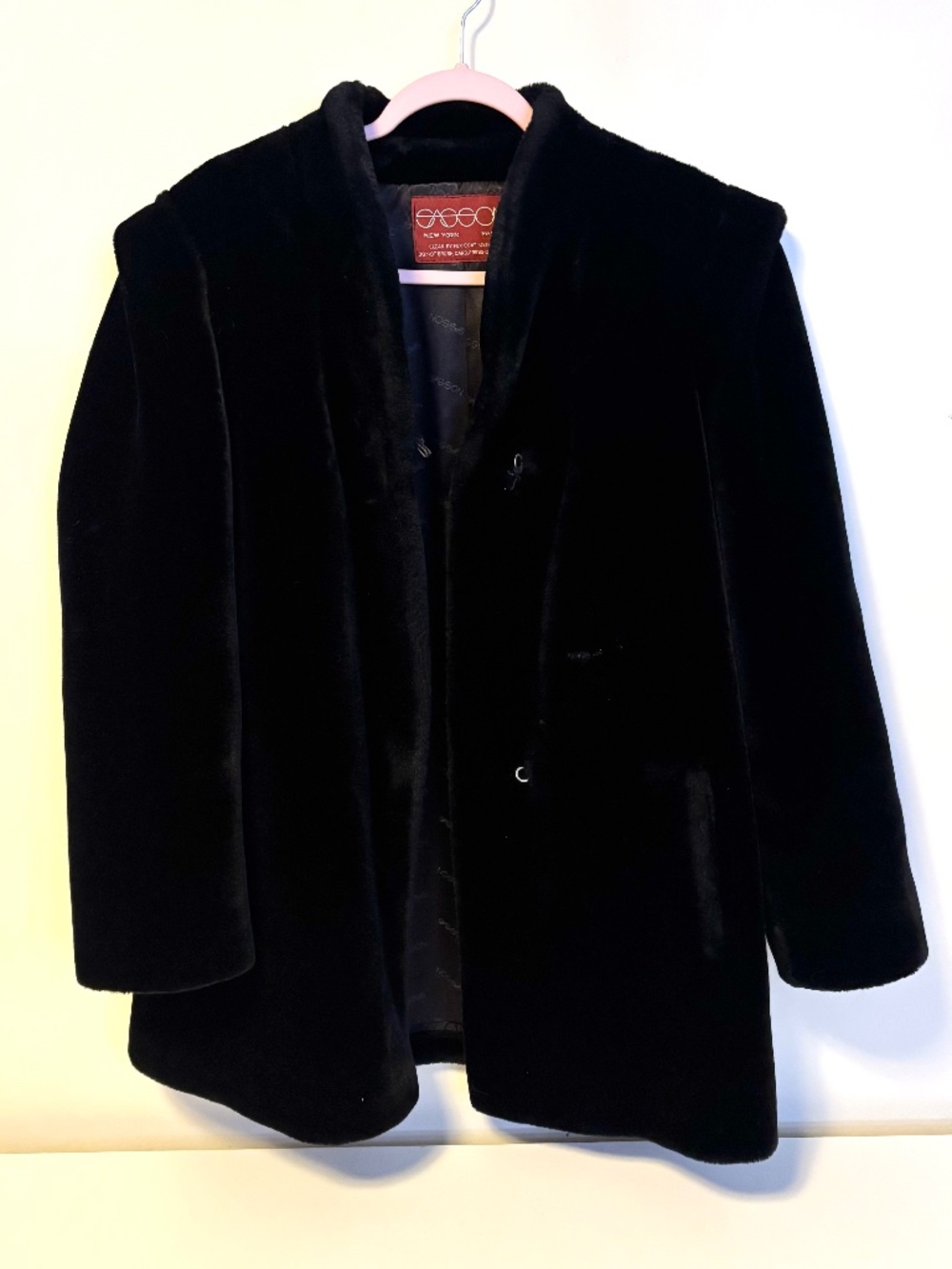 Sasson Vintage Faux Fur Plush Jacket Hook and Eye Closure Black Womens Size 14